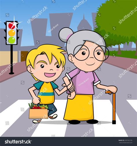 Boy Helping Old Lady Cross Street Stock Vector 205762195 - Shutterstock