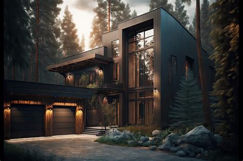 Premium Photo | Modern house in dark brown tones with wide entrance located next to forest