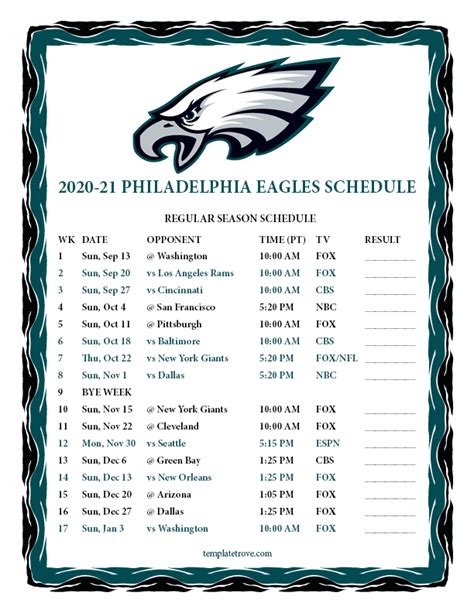 Printable 2020-2021 Philadelphia Eagles Schedule