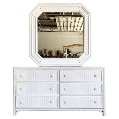 Boho Chic White Faux Rattan and Wicker Dresser With Mirror For Sale at 1stDibs