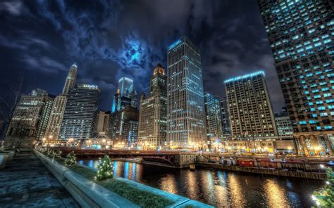 Chicago, City, Night, Lights, HDR, Building, River, Clouds Wallpapers HD / Desktop and Mobile ...