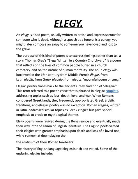 Elegy - General Understanding on Elegies. - ELEGY. An elegy is a sad ...