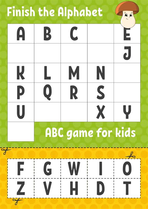 Finish the alphabet. ABC game for kids. Cut and glue. Education developing worksheet. Learning ...