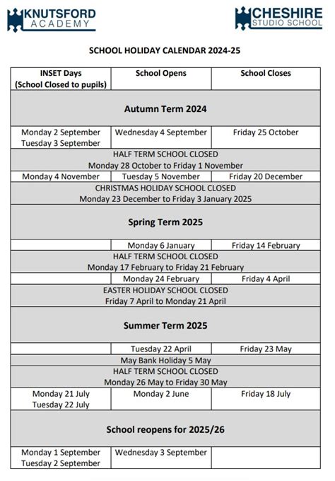 Term Dates | Knutsford Academy