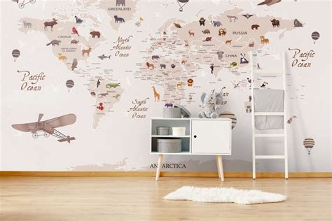 Animals World Map for Kids Wallpaper Peel and Stick Easy - Etsy