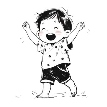 Cartoon Simple Line Character Cheering And Running Little Boy, Cartoon, Simple, Line PNG ...