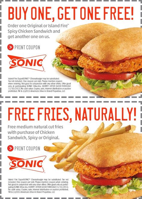 Fries or a second chicken sandwich free at Sonic Drive-In #coupons ...