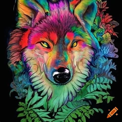 Colorful wolf head tattoo design with flowers