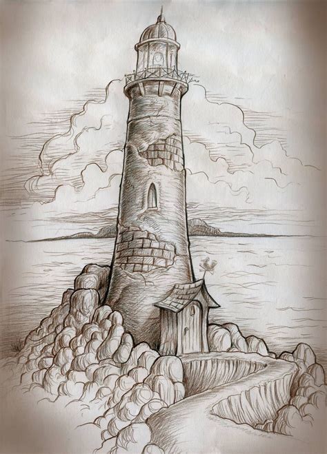 a drawing of a lighthouse in the ocean