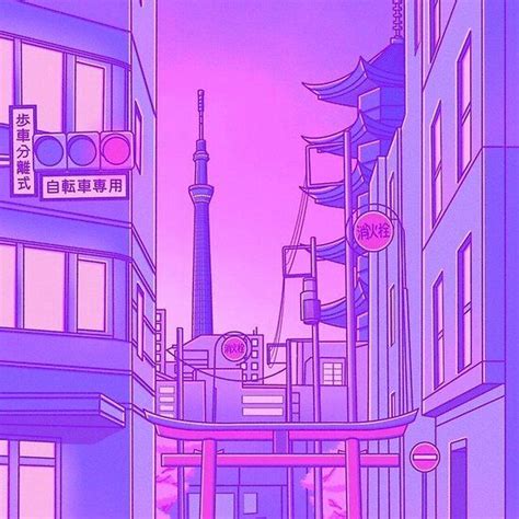 Pastel city pop japanese scenery. Lilac purple wallpaper. Citypop anime ...