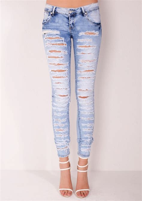 Mid Rise Multi Ripped Skinny Denim Jeans Light Blue