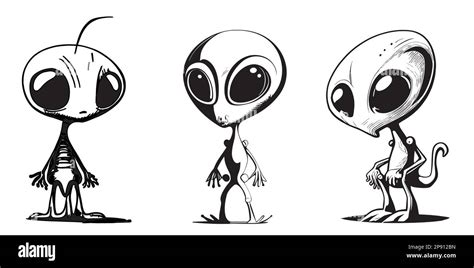 Set of aliens sketch hand drawn illustration in cartoon style Stock ...