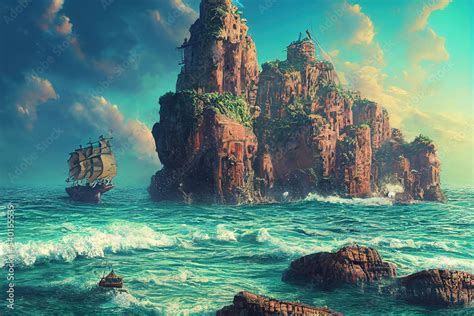 Fantasy dreamland pirate ship on ocean water with beautiful scenery, with concept artwork ...