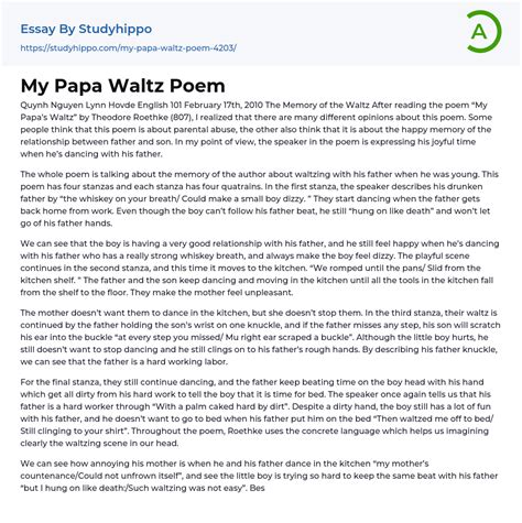 My Papa Waltz Poem Essay Example | StudyHippo.com