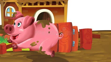 Cartoon Farm Scene with Happy Pig Illustration Stock Illustration - Illustration of cartoon ...