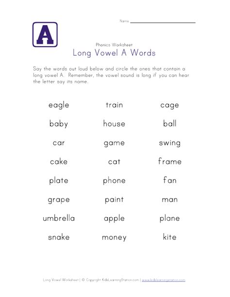 Long Vowel A Words Worksheet | Phonics worksheets, Long vowel worksheets, Words