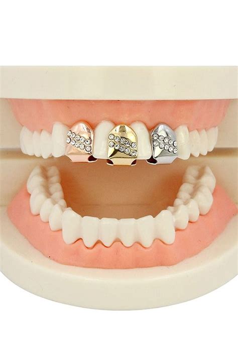 18K Gold Braces Punk Hip Hop Single Diamond Teeth Grillz Dental Mouth ...