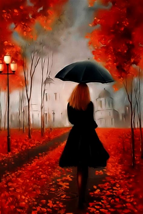 a painting of a woman with an umbrella walking down a path in the fall leaves