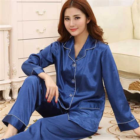 Spring new women's silk pajamas sexy blue long sleeve Women Pyjamas ...