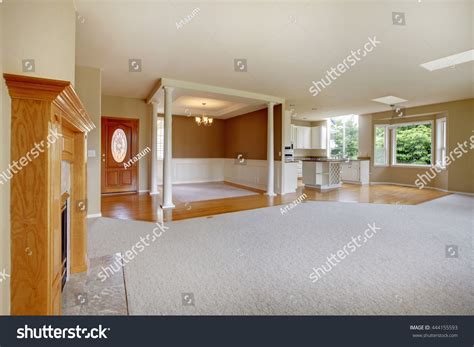 Empty Living Room Fireplace Connected Kitchen Stock Photo 444155593 ...