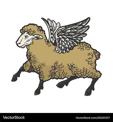 Angel flying sheep color sketch engraving Vector Image