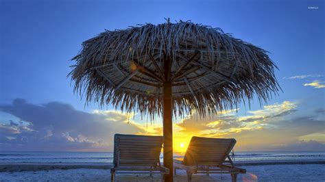 Thatched umbrella on sandy beach wallpaper - Beach wallpapers - #34056