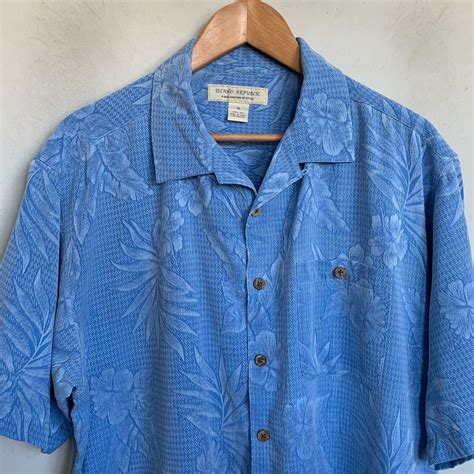 Island Republic Shirt Silk Blue Tropical Leaf Print Short Sleeve Buttons Size XL | eBay