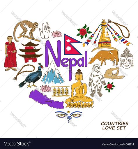 Nepal symbols in heart shape concept Royalty Free Vector