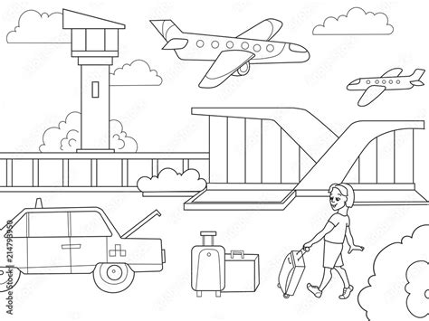 Cartoon children coloring book airport. Black and white raster Stock Illustration | Adobe Stock