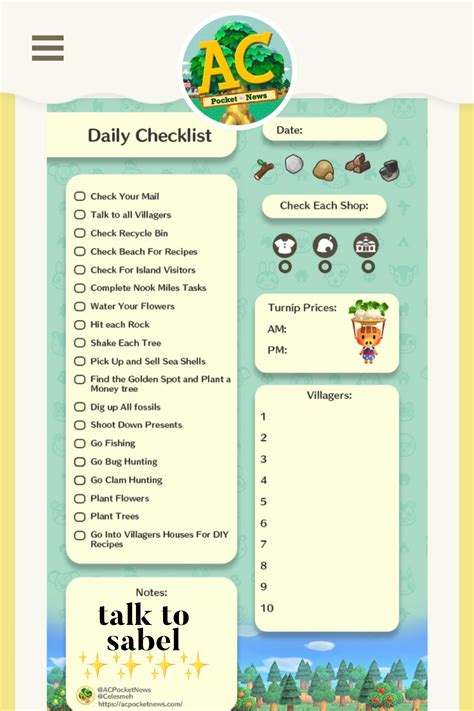 ACNH Daily Check List | Animal crossing, New animal crossing, Animal ...