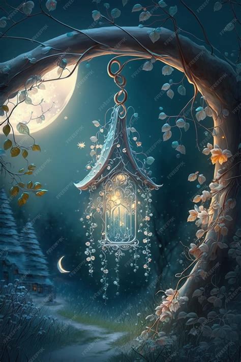 Premium AI Image | A painting of a moonlit forest with a lantern ...