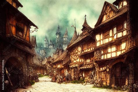 Fantasy medieval town illustration. Watercolor painting of old town ...