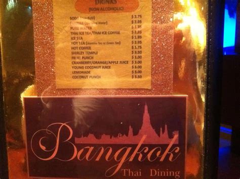 Menu at Bangkok Thai restaurant, Washington