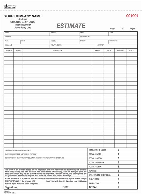 2 Part Auto Repair Estimate form Carbonless – Letter Example Template