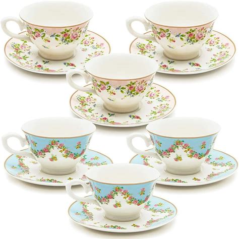 Floral 8 oz Tea Cups and Saucers Set of 12 for Tea Party Supplies, Vintage Blue & Pink Teacup ...