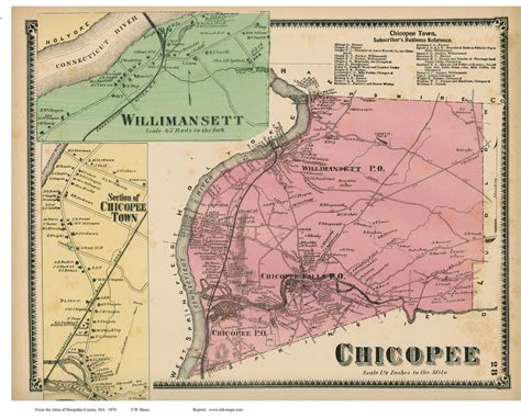 Chicopee & Willimansett, Massachusetts 1870 Old Town Map Reprint - Hampden Co. - OLD MAPS