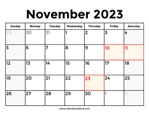 November 2023 Calendar Holidays - Get Latest Map Update