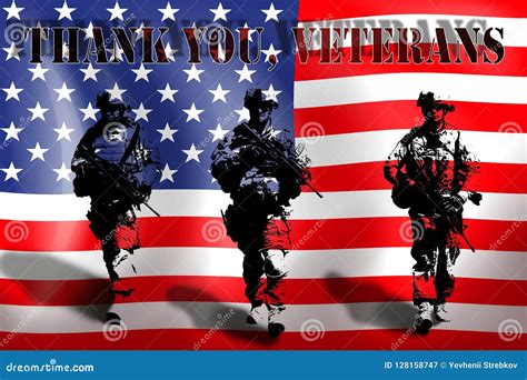 Thank You Veterans Saluting Soldier Shadow Silhouette On American Flag Background Vector ...
