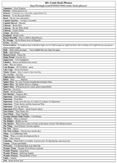 60+ Comic Book Catch Phrases Table | Dr. Hugh Fox III