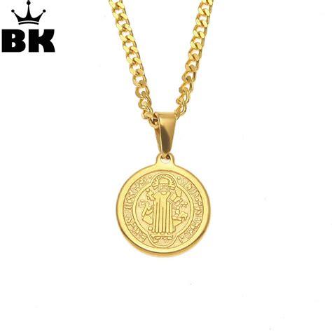 Hip hop Golden CSSML NDSMD Necklace Stainless Steel Cross Saint Benedict Medallion Medal Charm ...