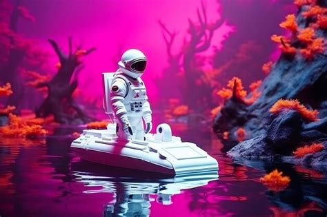 Premium AI Image | An astronaut in a white suit floats in an inflatable boat along a river on an ...