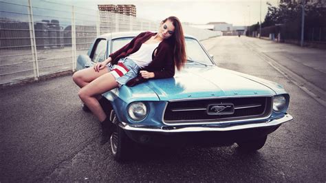 Blue Ford Mustang, Ford Mustang, muscle cars, women with cars, redhead HD wallpaper | Wallpaper ...