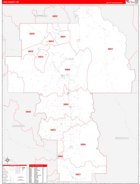 Lake County, MT Zip Code Wall Map Red Line Style by MarketMAPS - MapSales