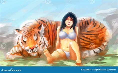 Tiger woman painting stock illustration. Illustration of hair - 92905825