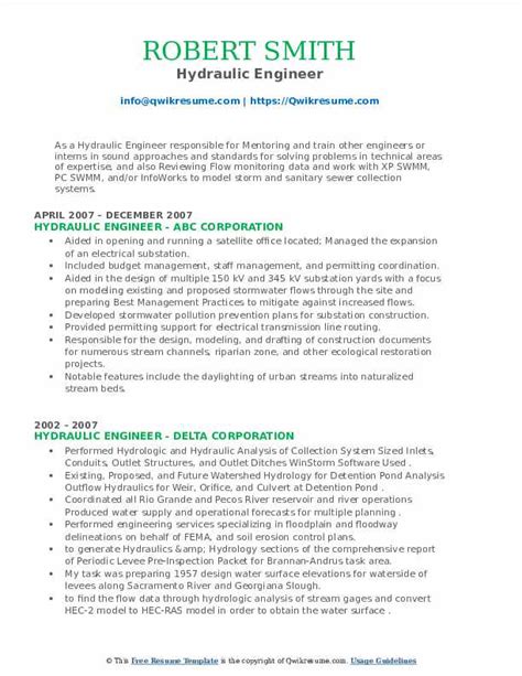 Hydraulic Engineer Resume Samples | QwikResume