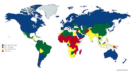 Map : Map of countries that is colour coded according to HDI (Human Development Index ...