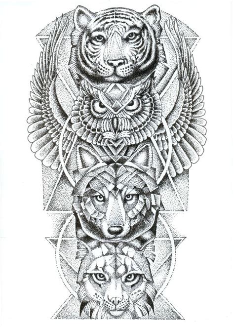 Spirit Animal Totem Pole // Tiger + Owl + Wolf + Lynx // Geometric & Dot Work Shading | Totem ...