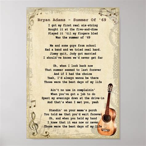 Summer Of 69 Song Lyric Vintage Wall Art Print | Zazzle.co.uk