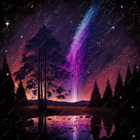 Premium AI Image | A painting of a starry night sky with a tree and a galaxy in the background.