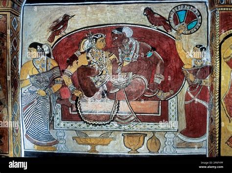 200 years old murals on the walls of the Ramalinga Vilasam Palace or Ramnad Palace in ...